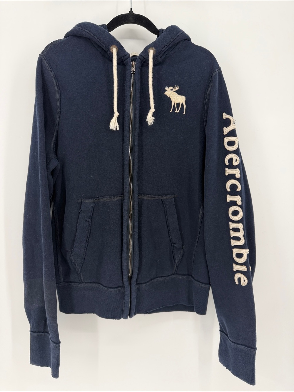 Abercrombie & Fitch Men’s XL Navy Full Zip Hoodie Moose Logo Distressed